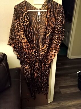 Black & Gold Animal-Print Tie-Front Cover-Up